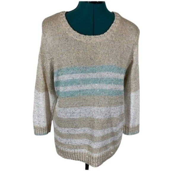 Christopher & Banks Cream Striped crochet Knit Sparkly Sweater - Picture 6 of 6